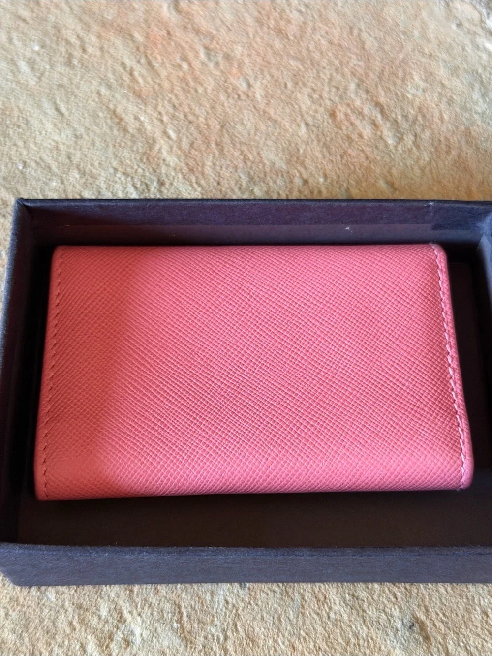 Prada Pink Saffiano Leather Card Holder/Key Holder with Gold Triangle Logo